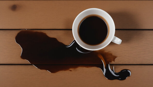 Tasse chaude blanche caf&eacute; expresso noir travail renvers&eacute; tomb&eacute; plancher bois parquet matin lundi d&eacute;prime.