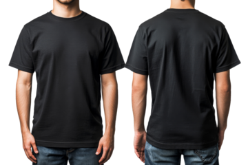 Unrecognizable man wearing a black short sleeve t-shirt. Front and back view, transparent background.