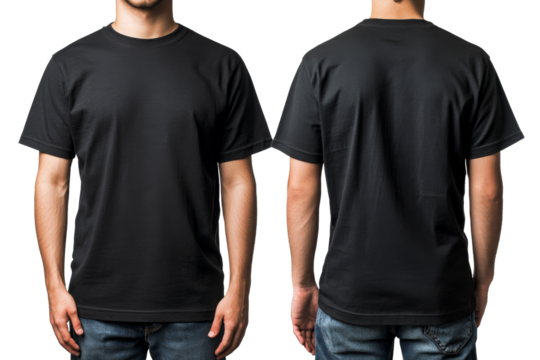 Unrecognizable man wearing a black short sleeve t-shirt. Front and back view, transparent background.