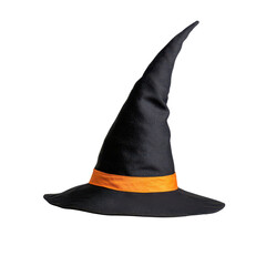 A classic black witch hat with an orange band, perfect for Halloween costumes and themed parties. PNG file, Transparent background.