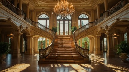 Obraz premium Opulent grand staircase in luxurious entryway