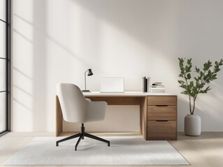 Minimalist work area with wooden desk and chair
