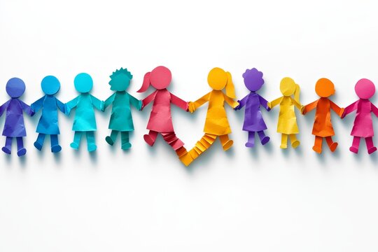 Colorful paper cut figures holding hands symbolizing diversity unity and love in a vibrant and playful representation of community and human connection