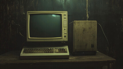 Vintage Computer with CRT Monitor on Wooden Table Against Black Background