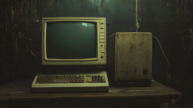 Vintage Computer with CRT Monitor on Wooden Table Against Black Background - Powered by Adobe