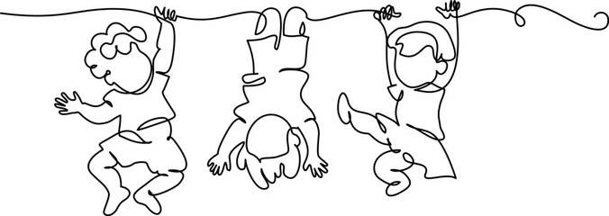 Little children boys and girl playing on branch of tree. Continuous One line drawing