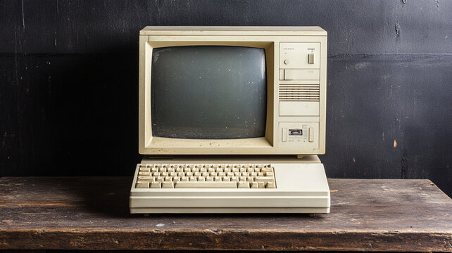 Vintage Computer with CRT Monitor on Wooden Table Against Black Background