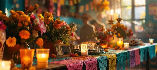 Fototapeta premium Vibrant Día de los Muertos Altar in Modern Home, Decorated with Flowers, Candles, and Colorful Papel Picado Banners