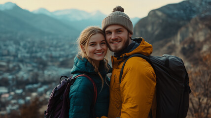 outdoor adventure, destination, holiday, healthy lifestyle, active lifestyle, young, smiling, view, mountain, hiking, dating, heterosexual couple, hugs, happiness, girlfriend, friendship, embracing, e