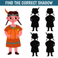Thanksgiving shadow matching activity for children. Autumn puzzle with Indian girl. Cute educational game for kids. Find the correct silhouette printable worksheet. Vector cartoon illustration.
