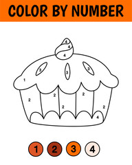 Color by number game for kids. Cute pumpkin pie. Thanksgiving coloring book. Printable worksheet with solution for school and preschool. Learning numbers activity.
