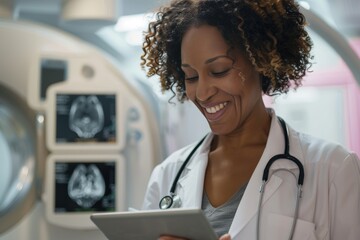 Female Doctor Reviewing Mammogram Results on Tablet in Brightly Lit Modern Clinic - Powered by Adobe