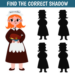 Thanksgiving shadow matching activity for children. Autumn puzzle with girl pilgrim. Cute educational game for kids. Find the correct silhouette printable worksheet. Vector cartoon illustration.