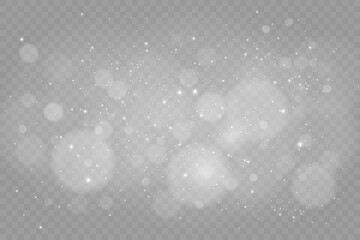 Christmas glowing bokeh confetti light and glitter texture overlay for your design. Festive sparkling gold dust png. Holiday powder dust for cards, invitations, banners, advertising.