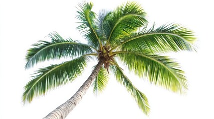 Fototapeta premium A beautiful palm tree with vibrant green leaves, captured from below against a clear background, perfect for tropical themes.