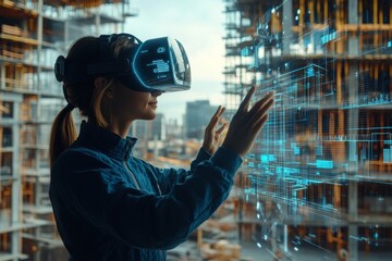 Futuristic architect with ar headset creating 3d building models at active construction site