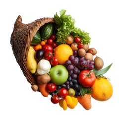 A vibrant cornucopia filled with fresh fruits and vegetables, capturing the essence of harvest and abundance. PNG file, Transparent background.