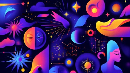 Illustration of a celestial calendar with daily horoscope entries, colorful and cosmic