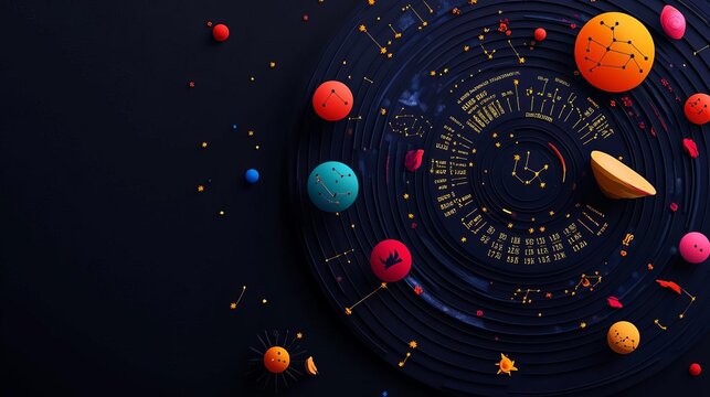 Illustration of a celestial calendar with daily horoscope entries, colorful and cosmic