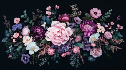 Fototapeta premium lush dark bouquet made of pink, purple and white flowers, floral arrangement with peony, rose and wildflowers, center design element or motif for cards, wedding stationery, covers, posters, packaging 