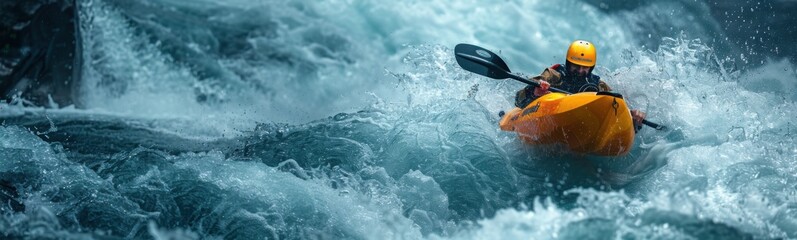 Man riding a kayak in a wave in the ocean