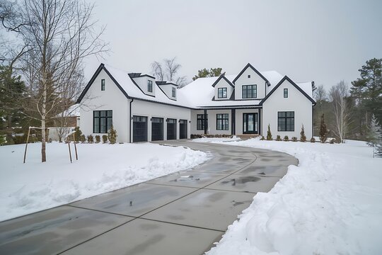 Modern White House with Snow Covered Yard