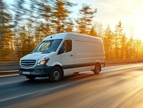 White modern delivery small shipment cargo courier van moving fast on motorway road to city