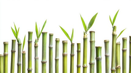 Fototapeta premium A row of vibrant green bamboo stalks with fresh leaves against a bright white background, symbolizing growth and tranquility.