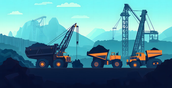 Excavator Loading Dump Truck in Mountain Mining Landscape
