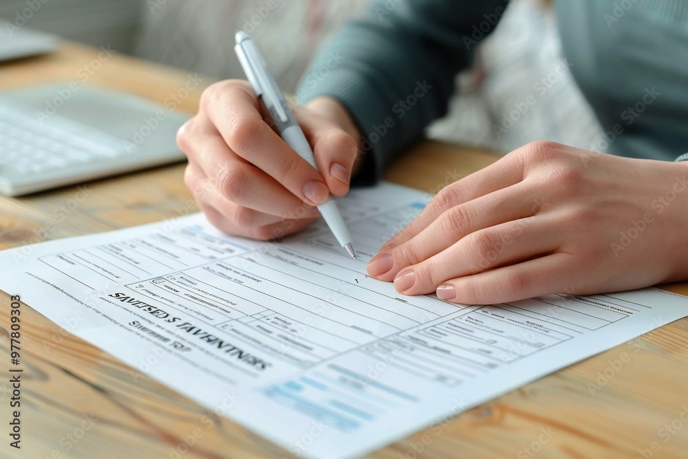 Poster close-up of hands filling out a customer survey form with a pen.