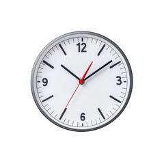 A minimalist wall clock displaying the time with clear black and red hands on a white background, ideal for modern decor. PNG file, Transparent background.