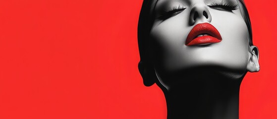 A striking portrait of a model with bold red lips against a vibrant red background, capturing elegance and beauty in high contrast.