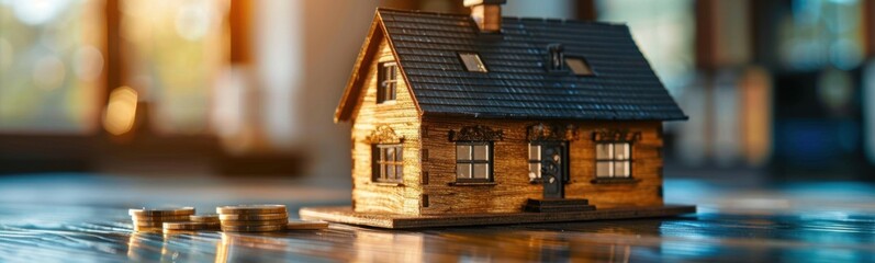 Obraz premium Small wooden house with coins on a table, real estate, banner, copy space