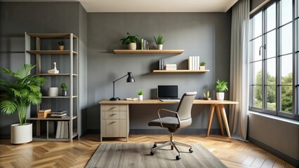 Stylish grey freelancer's room interior with modern desk and chair