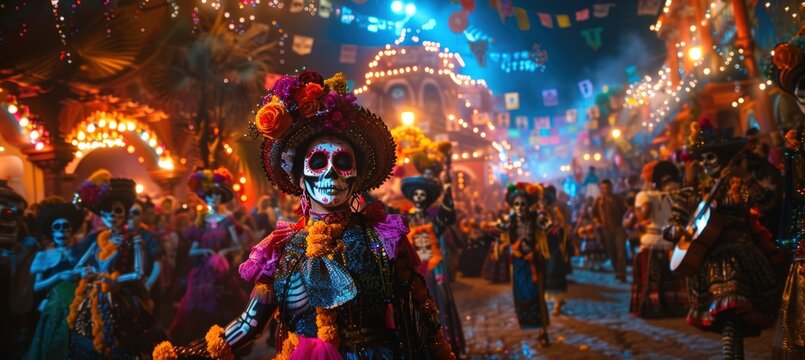 Vibrant Day of the Dead Parade with La Catrinas and Traditional Dancers