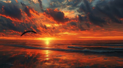 A lone bird flies through a fiery sunset sky over an ocean