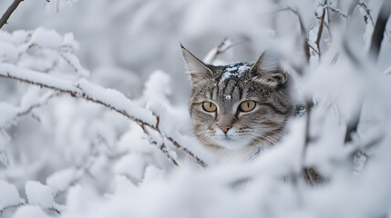 A cat peeking out from a snow-covered bush its fur blending with the frosty branches as it watches birds fly by in the distance.