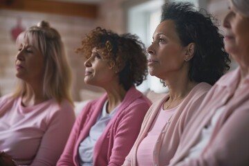 Obraz premium Women of Various Ages Sharing Breast Cancer Experiences in Support Group Session