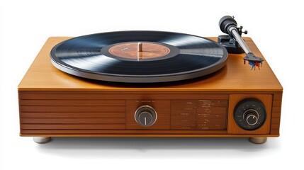 Obraz premium Classic wooden turntable with a vinyl record, perfect for music enthusiasts and vintage decor lovers. Enjoy the rich, analog sound.