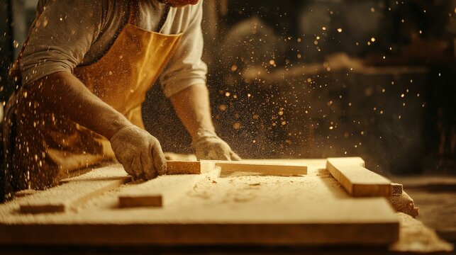 A carpenter cutting wood in a workshop, with sawdust flying in the air, bathed in warm lighting, showcasing the action and craftsmanship involved in woodworking