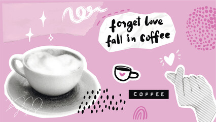 Coffee collage on pink torn paper, korean heart hand symbol, forget love fall in coffee funny quote. Cappucino mug, doodles overlay