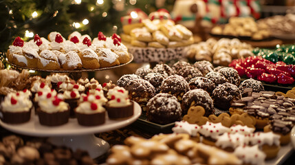 Fototapeta premium A Christmas dessert buffet with a variety of sweets including yule logs cookies gingerbread men and chocolate truffles.