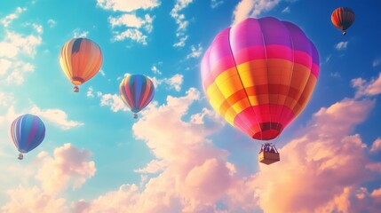 Obraz premium Colorful hot air balloons float in a vibrant sky.