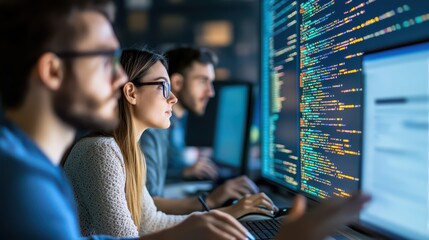 Professionals collaborate at computers, focused on coding and data analysis in a modern tech environment with vibrant screens.