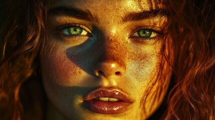 Close-up of a Woman's Face with Golden Skin and Red Hair