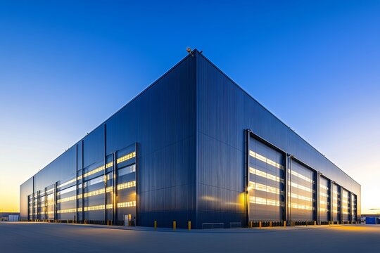 Expansive steel panel warehouse with blue tones at dusk, perfect for modern industrial photography