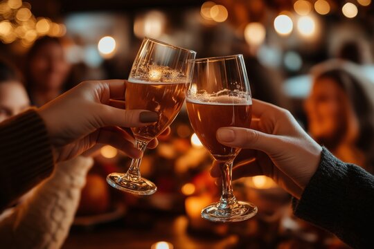 Two people raising glasses of cider for a toast in a dimly lit setting, with warm bokeh lights in the background creating a festive and celebratory atmosphere