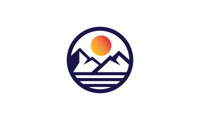 sunset logo. sunset vector illustration, beach and sun logo, mountain logo, outdoor logo, mountain and sun, sea wave & sun