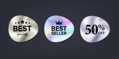 Holographic gradient sticker and label for sale. Hologram stickers gradient sticker, shinny tag, glossy label. Promotion sale decoration smooth metal surface. illustration vector premium.