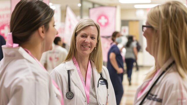 Breast Cancer Awareness: Healthcare Professionals with Pink Ribbons in Hospital Lobby